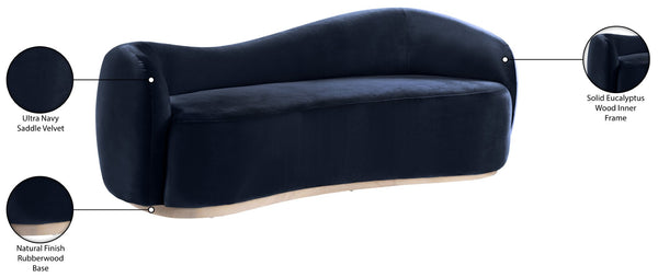 Meridian Furniture Gustavo Art Deco Curved Velvet Sofa with Sculpted Arms and Solid Wood Legs for Living Rooms Navy 92.5 inches 44081Navy-S
