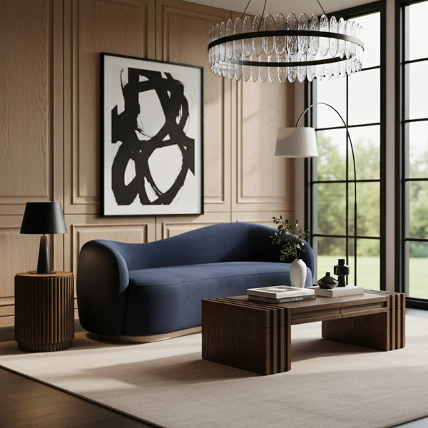 Meridian Furniture Gustavo Art Deco Curved Velvet Sofa with Sculpted Arms and Solid Wood Legs for Living Rooms Navy 92.5 inches 44081Navy-S