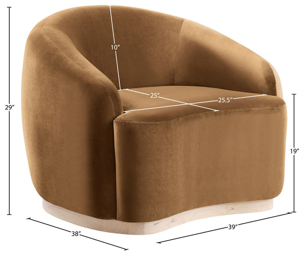 Meridian Furniture Gustavo Art Deco Velvet Accent Chair with Sculptural Curves and Solid Rubberwood Base Saddle 44081Saddle-C