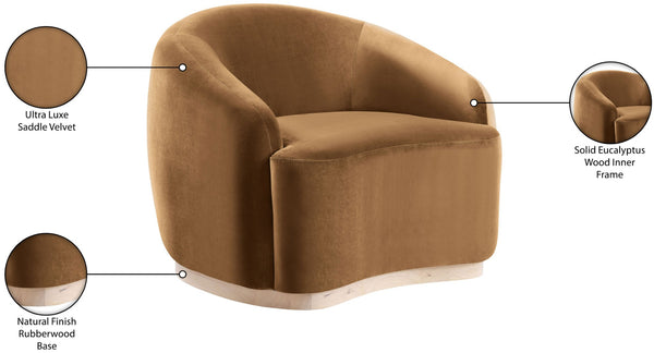 Meridian Furniture Gustavo Art Deco Velvet Accent Chair with Sculptural Curves and Solid Rubberwood Base Saddle 44081Saddle-C