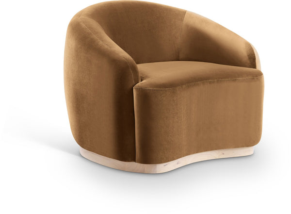 Meridian Furniture Gustavo Art Deco Velvet Accent Chair with Sculptural Curves and Solid Rubberwood Base Saddle 44081Saddle-C