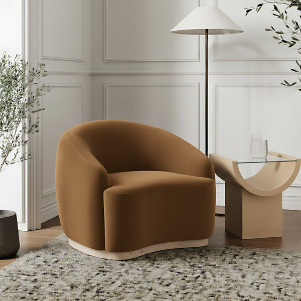 Meridian Furniture Gustavo Art Deco Velvet Accent Chair with Sculptural Curves and Solid Rubberwood Base Saddle 44081Saddle-C