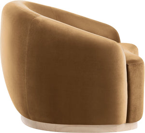 Meridian Furniture Gustavo Art Deco Velvet Accent Chair with Sculptural Curves and Solid Rubberwood Base Saddle 44081Saddle-C