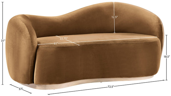 Meridian Furniture Gustavo Art Deco Curved Velvet Sofa with Sculpted Arms and Solid Wood Legs for Living Rooms Saddle 72.5 inches 44081Saddle-L