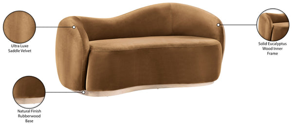 Meridian Furniture Gustavo Art Deco Curved Velvet Sofa with Sculpted Arms and Solid Wood Legs for Living Rooms Saddle 72.5 inches 44081Saddle-L