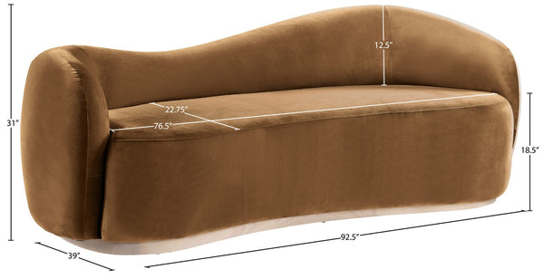 Meridian Furniture Gustavo Art Deco Curved Velvet Sofa with Sculpted Arms and Solid Wood Legs for Living Rooms Saddle 92.5 inches 44081Saddle-S