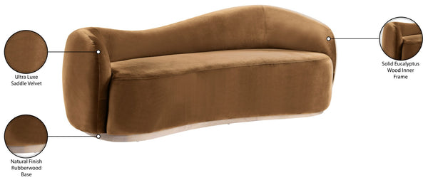 Meridian Furniture Gustavo Art Deco Curved Velvet Sofa with Sculpted Arms and Solid Wood Legs for Living Rooms Saddle 92.5 inches 44081Saddle-S