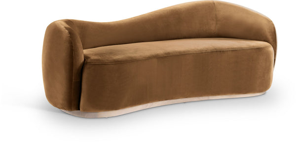 Meridian Furniture Gustavo Art Deco Curved Velvet Sofa with Sculpted Arms and Solid Wood Legs for Living Rooms Saddle 92.5 inches 44081Saddle-S