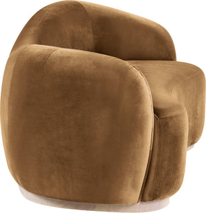 Meridian Furniture Gustavo Art Deco Curved Velvet Sofa with Sculpted Arms and Solid Wood Legs for Living Rooms Saddle 92.5 inches 44081Saddle-S