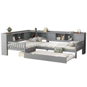 English Elm L-shaped Twin Platform Bed with Trundle, Solid Wood Corner Sleeper with Drawers, Shelves, No Box Spring Needed Grey W1580S00260