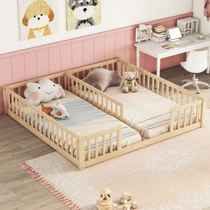 English Elm Double Twin Floor Bed With Safety Guardrails - Scandinavian Style, Durable Pine, Easy Assembly W504P143287