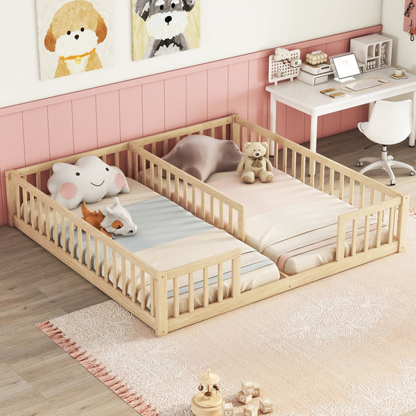 English Elm Double Twin Floor Bed With Safety Guardrails - Scandinavian Style, Durable Pine, Easy Assembly W504P143287