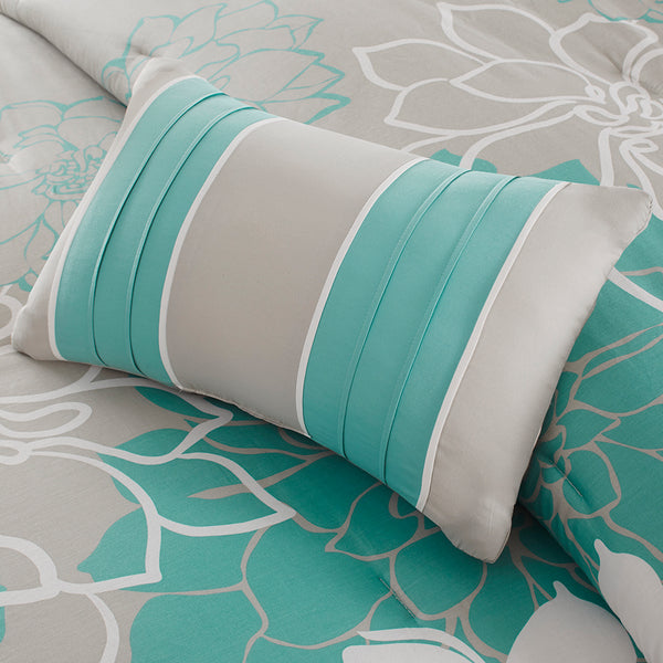 JLA Home Madison Park - Printed floral cotton sateen comforter set with embroidered pillows, taupe & white stripes, OEKO-TEX certified breathable luxury Aqua MP10-6833