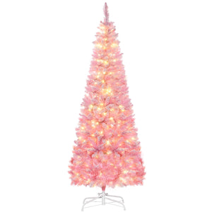 English Elm Homcom 6Ft Snow Flocked Pencil Christmas Tree With Warm White Leds – Perfect Space-Saving Holiday Decor W2225P229398