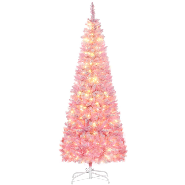 English Elm Homcom 6Ft Snow Flocked Pencil Christmas Tree With Warm White Leds – Perfect Space-Saving Holiday Decor W2225P229398