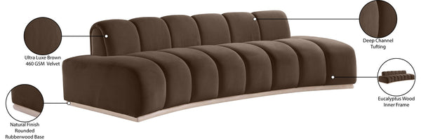 Meridian Furniture Jace Sculptural Curved Velvet Sofa with Rubberwood Base for Modern Living Rooms Brown 106 inches 44093Brown-S