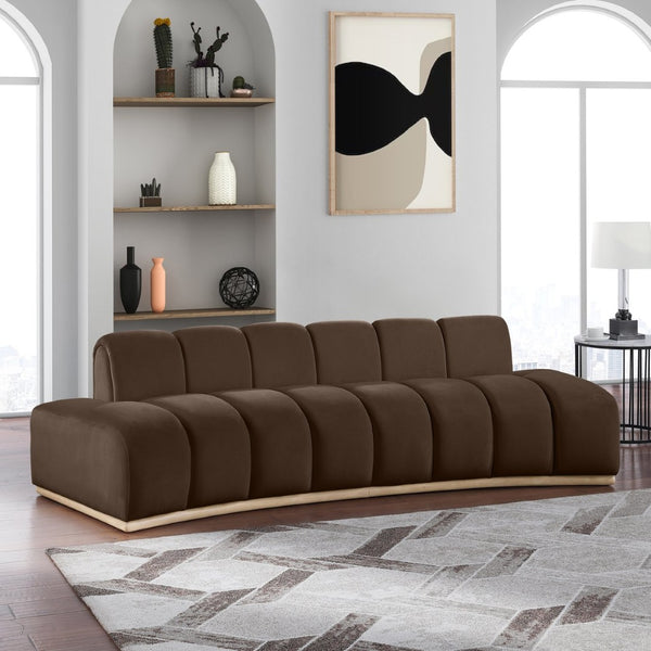 Meridian Furniture Jace Sculptural Curved Velvet Sofa with Rubberwood Base for Modern Living Rooms Brown 106 inches 44093Brown-S