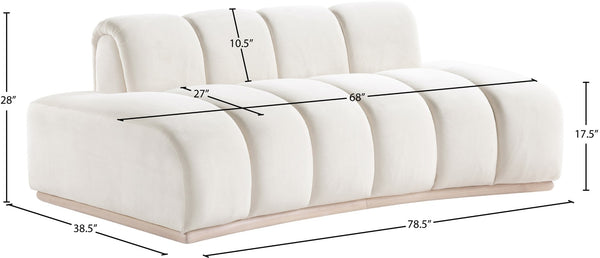 Meridian Furniture Jace Sculptural Curved Velvet Sofa with Rubberwood Base for Modern Living Rooms Cream 78.5 inches 44093Cream-L