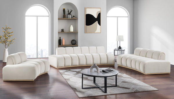 Meridian Furniture Jace Sculptural Curved Velvet Sofa with Rubberwood Base for Modern Living Rooms Cream 78.5 inches 44093Cream-L