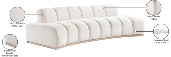 Meridian Furniture Jace Sculptural Curved Velvet Sofa with Rubberwood Base for Modern Living Rooms Cream 106 inches 44093Cream-S