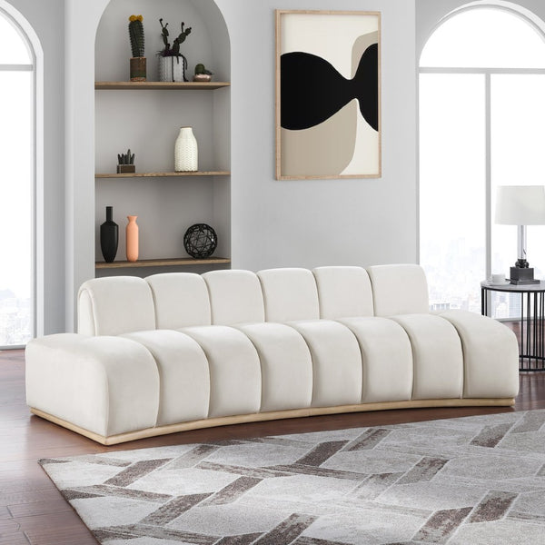 Meridian Furniture Jace Sculptural Curved Velvet Sofa with Rubberwood Base for Modern Living Rooms Cream 106 inches 44093Cream-S