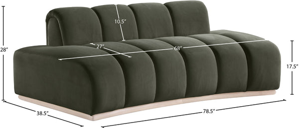 Meridian Furniture Jace Sculptural Curved Velvet Sofa with Rubberwood Base for Modern Living Rooms Green 78.5 inches 44093Green-L