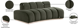 Meridian Furniture Jace Sculptural Curved Velvet Sofa with Rubberwood Base for Modern Living Rooms Green 78.5 inches 44093Green-L