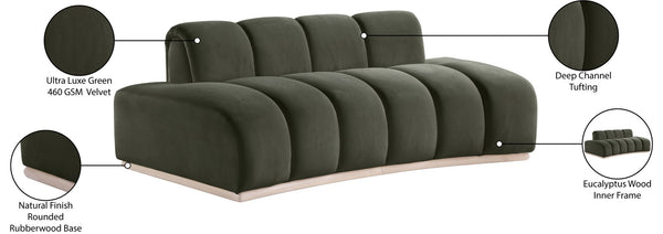 Meridian Furniture Jace Sculptural Curved Velvet Sofa with Rubberwood Base for Modern Living Rooms Green 78.5 inches 44093Green-L