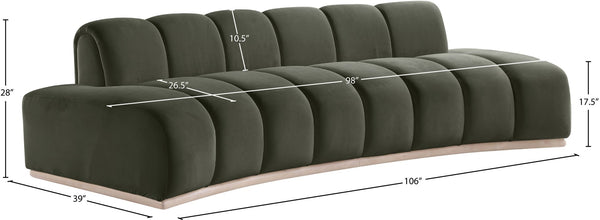 Meridian Furniture Jace Sculptural Curved Velvet Sofa with Rubberwood Base for Modern Living Rooms Green 106 inches 44093Green-S