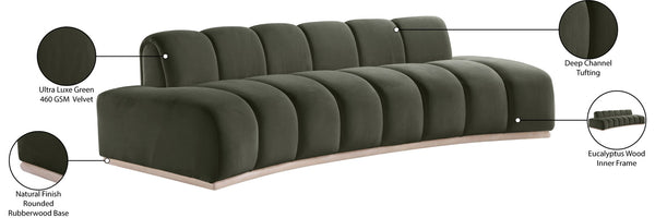 Meridian Furniture Jace Sculptural Curved Velvet Sofa with Rubberwood Base for Modern Living Rooms Green 106 inches 44093Green-S