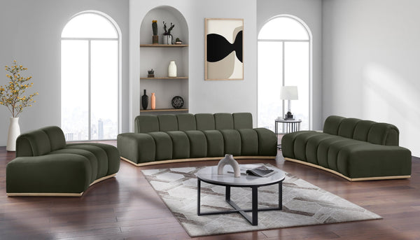 Meridian Furniture Jace Sculptural Curved Velvet Sofa with Rubberwood Base for Modern Living Rooms Green 106 inches 44093Green-S