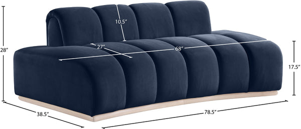 Meridian Furniture Jace Sculptural Curved Velvet Sofa with Rubberwood Base for Modern Living Rooms Navy 78.5 inches 44093Navy-L