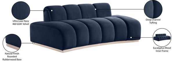 Meridian Furniture Jace Sculptural Curved Velvet Sofa with Rubberwood Base for Modern Living Rooms Navy 78.5 inches 44093Navy-L