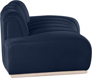 Meridian Furniture Jace Sculptural Curved Velvet Sofa with Rubberwood Base for Modern Living Rooms Navy 78.5 inches 44093Navy-L