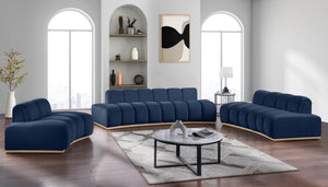 Meridian Furniture Jace Sculptural Curved Velvet Sofa with Rubberwood Base for Modern Living Rooms Navy 78.5 inches 44093Navy-L