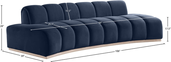 Meridian Furniture Jace Sculptural Curved Velvet Sofa with Rubberwood Base for Modern Living Rooms Navy 106 inches 44093Navy-S