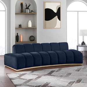 Meridian Furniture Jace Sculptural Curved Velvet Sofa with Rubberwood Base for Modern Living Rooms Navy 106 inches 44093Navy-S