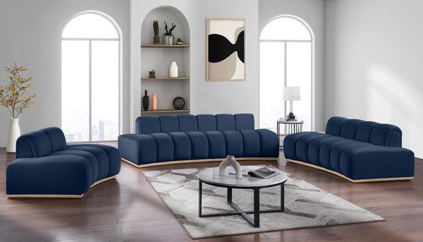 Meridian Furniture Jace Sculptural Curved Velvet Sofa with Rubberwood Base for Modern Living Rooms Navy 106 inches 44093Navy-S