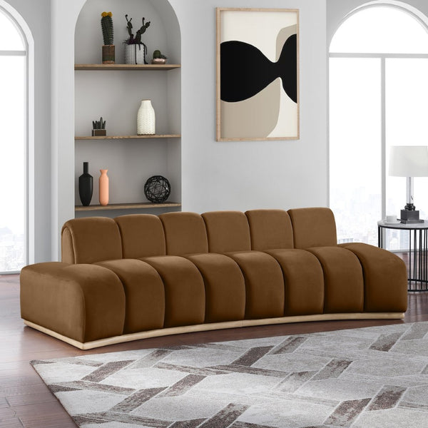 Meridian Furniture Jace Sculptural Curved Velvet Sofa with Rubberwood Base for Modern Living Rooms Saddle 106 inches 44093Saddle-S