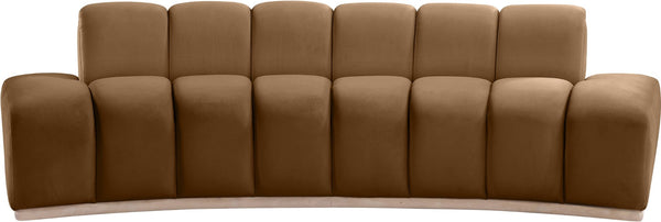 Meridian Furniture Jace Sculptural Curved Velvet Sofa with Rubberwood Base for Modern Living Rooms Saddle 106 inches 44093Saddle-S