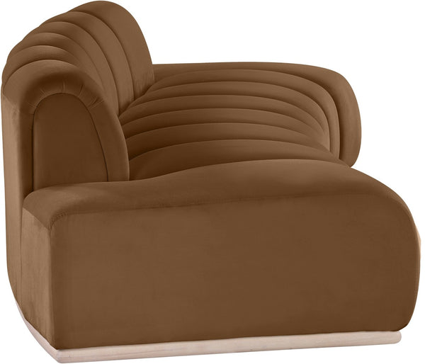 Meridian Furniture Jace Sculptural Curved Velvet Sofa with Rubberwood Base for Modern Living Rooms Saddle 106 inches 44093Saddle-S