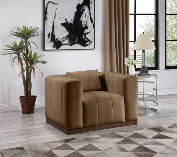 Meridian Furniture Mallina Channel Tufted Pu Leather Accent Chair with Walnut Wood Base for Living Room Brown 44098Brown-C
