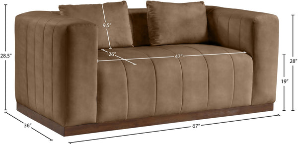Meridian Furniture Mallina Channel Tufted Vegan Leather Sofa with Walnut Wood Base for Modern Living Rooms Brown 67 inches 44098Brown-L