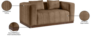 Meridian Furniture Mallina Channel Tufted Vegan Leather Sofa with Walnut Wood Base for Modern Living Rooms Brown 67 inches 44098Brown-L