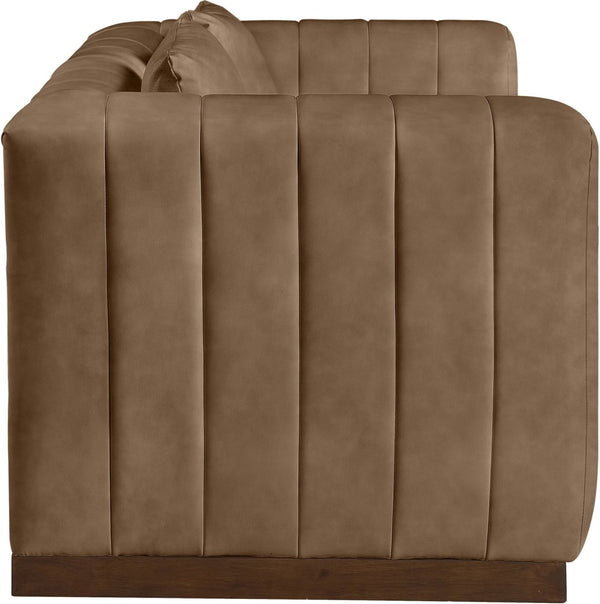 Meridian Furniture Mallina Channel Tufted Vegan Leather Sofa with Walnut Wood Base for Modern Living Rooms Brown 67 inches 44098Brown-L