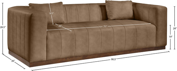 Meridian Furniture Mallina Channel Tufted Vegan Leather Sofa with Walnut Wood Base for Modern Living Rooms Brown 90.5 inches 44098Brown-S