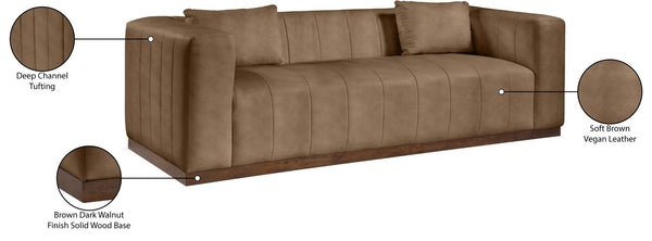 Meridian Furniture Mallina Channel Tufted Vegan Leather Sofa with Walnut Wood Base for Modern Living Rooms Brown 90.5 inches 44098Brown-S