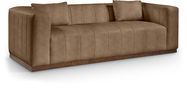 Meridian Furniture Mallina Channel Tufted Vegan Leather Sofa with Walnut Wood Base for Modern Living Rooms Brown 90.5 inches 44098Brown-S