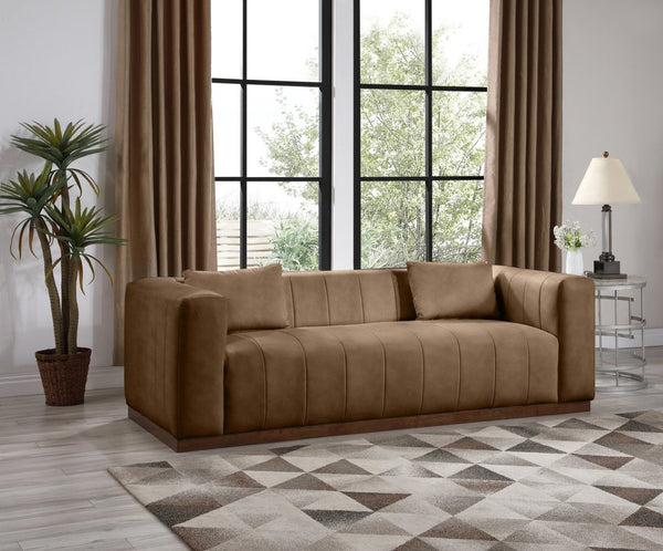 Meridian Furniture Mallina Channel Tufted Vegan Leather Sofa with Walnut Wood Base for Modern Living Rooms Brown 90.5 inches 44098Brown-S