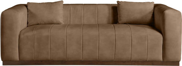 Meridian Furniture Mallina Channel Tufted Vegan Leather Sofa with Walnut Wood Base for Modern Living Rooms Brown 90.5 inches 44098Brown-S